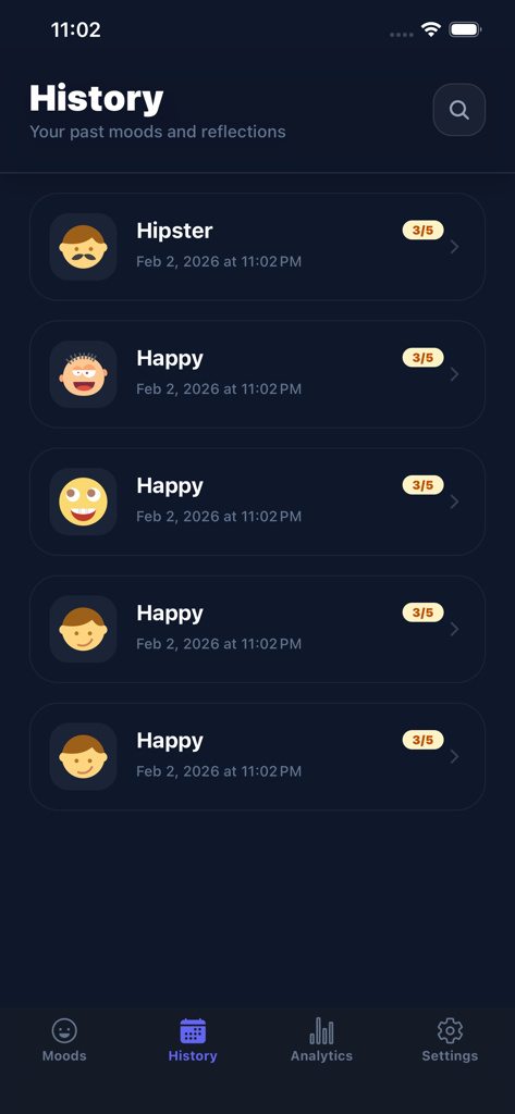 Mood Meter - Pantalla de historial de la aplicación Mood Meter que muestra una lista de estados de ánimo registrados con emojis, fechas y puntuaciones.