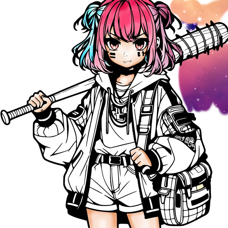 an anime girl with a baseball bat and streetwear