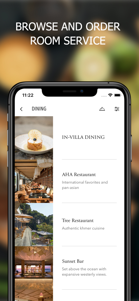 Six Senses mobile app screen showing options for in-villa dining and restaurant browsing