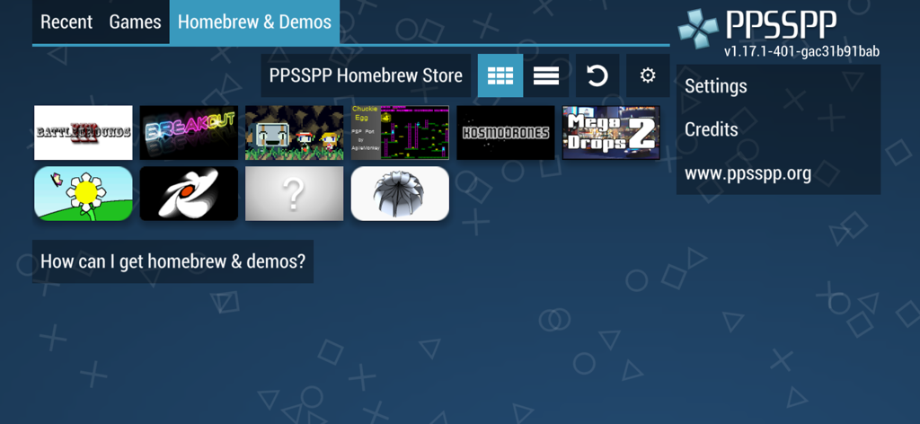 Interfaz de la tienda Homebrew del emulador PPSSPP que muestra varias demos de juegos independientes