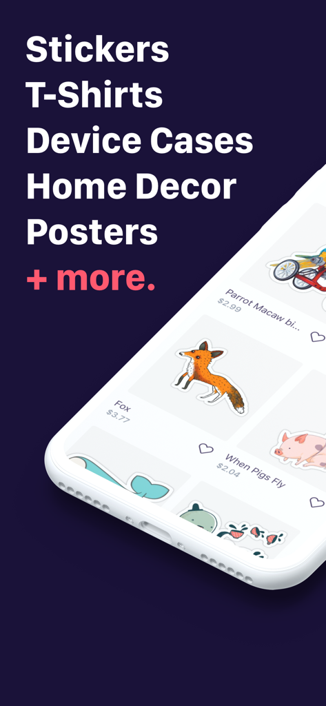 Redbubble app screen displaying product categories like stickers and t-shirts