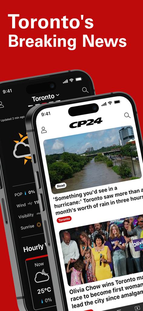 CP24 app interface on smartphones displaying Toronto local news and weather forecasts
