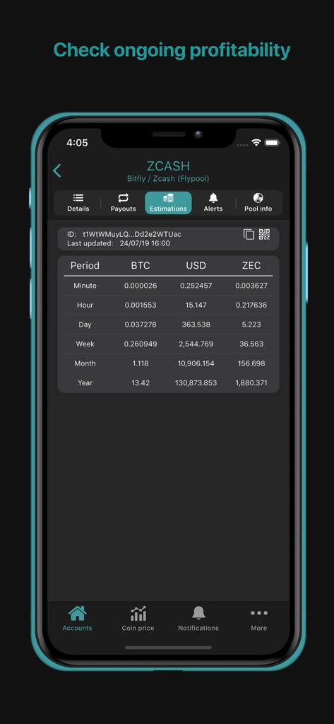 Crypto mining tracker MinerBox - MinerBox app displaying cryptocurrency mining profitability estimates for Zcash.