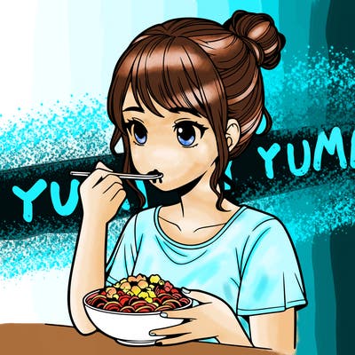 a realistic girl, eating food