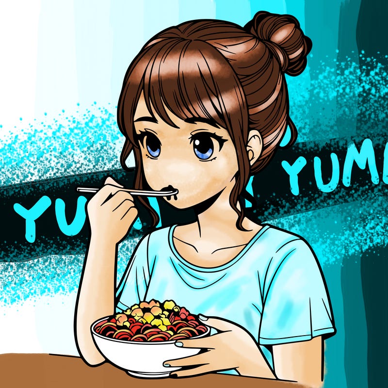 a realistic girl, eating food