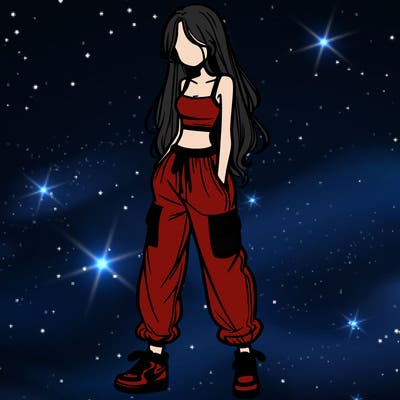 girl in baggy pants crop top and long hair