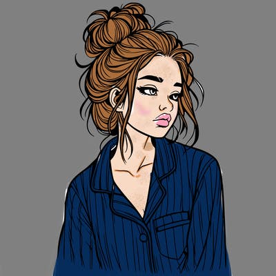 realistic woman with pajamas on and a messy bun