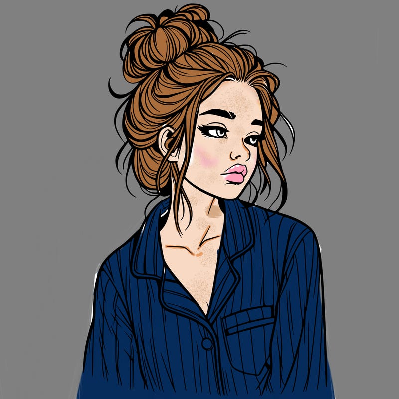 realistic woman with pajamas on and a messy bun