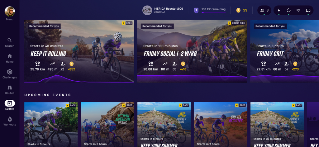 ROUVY app dashboard displaying upcoming indoor cycling events and training races.