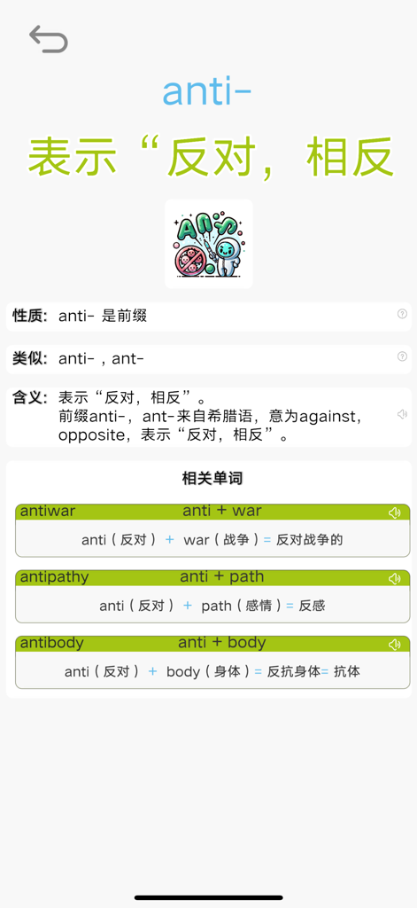 茶米单词-联想记单词，零基础趣味速记 - Educational screen from the Chami Danci app teaching the English prefix anti with Chinese associations and vocabulary examples like antiwar and antibody