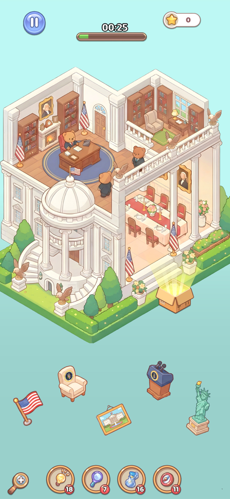 A White House themed room decoration level in the Room Decor Lovely Home mobile game featuring cute bears and presidential furniture.