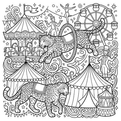 Step right up to a wild and wonderful coloring spectacle! This intricate page brings together majestic Amur leopards amidst the vibrant chaos of a thrilling carnival and circus.