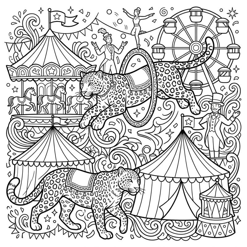 Step right up to a wild and wonderful coloring spectacle! This intricate page brings together majestic Amur leopards amidst the vibrant chaos of a thrilling carnival and circus.