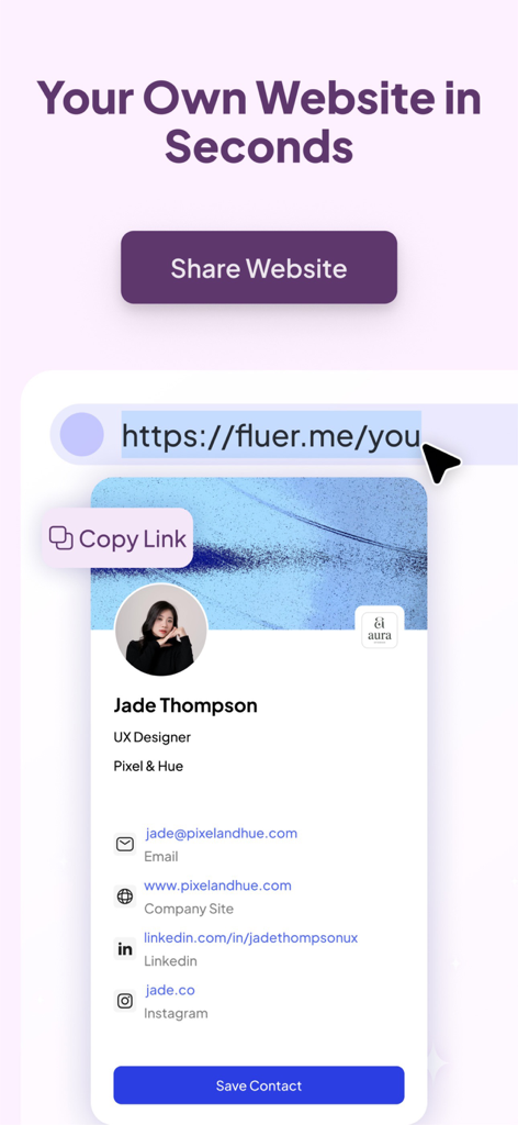 Fluer: Digital Business Card - Interfaccia dell'app Fluer che mostra un profilo di biglietto da visita digitale con opzioni di condivisione e contatto.