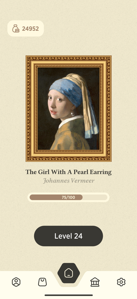 Word Master app interface displaying the Vermeer masterpiece Girl with a Pearl Earring in a golden frame