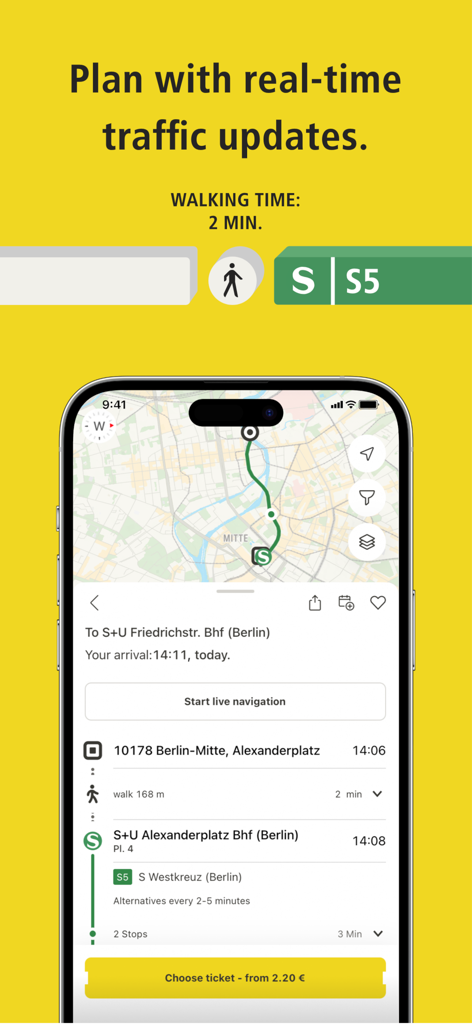Application BVG Fahrinfo affichant la planification d'itinéraire en temps réel et les billets de transport à Berlin.
