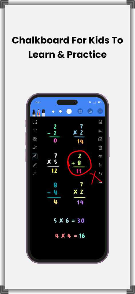 Drawing and Writing Whiteboard - A digital chalkboard interface showing colorful math problems for kids to learn and practice