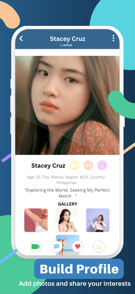 TrulyAsian - Asian Dating - TrulyAsianデーティングアプリのインターフェース、フォトギャラリーとプロフィール作成ボタン付きのユーザープロフィールを表示