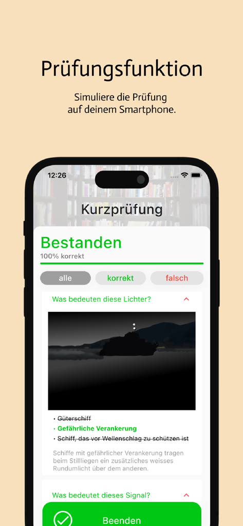 Bootsprüfung Schweiz 2025 - 100% 정답으로 합격한 보트 시험 시뮬레이션을 보여주는 스마트폰 화면