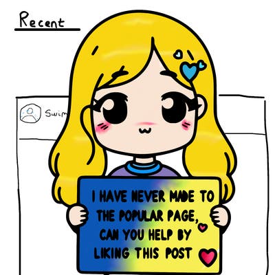 girl holding up a sign that says i have never made it to the popular page can you help by liking this post? with a heart