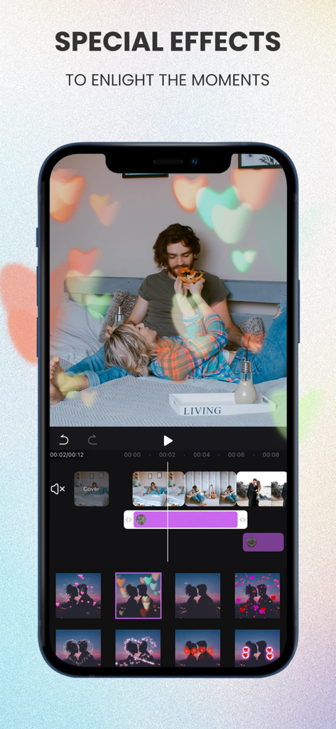 Interface of Filmigo video editor app showing heart shaped special effects on a video of a couple