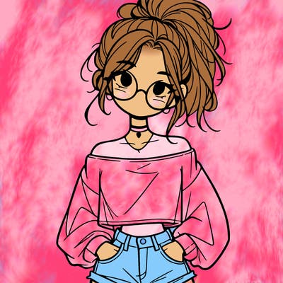 girl with a messy ponytail glasses a baggy crop top and jean shorts