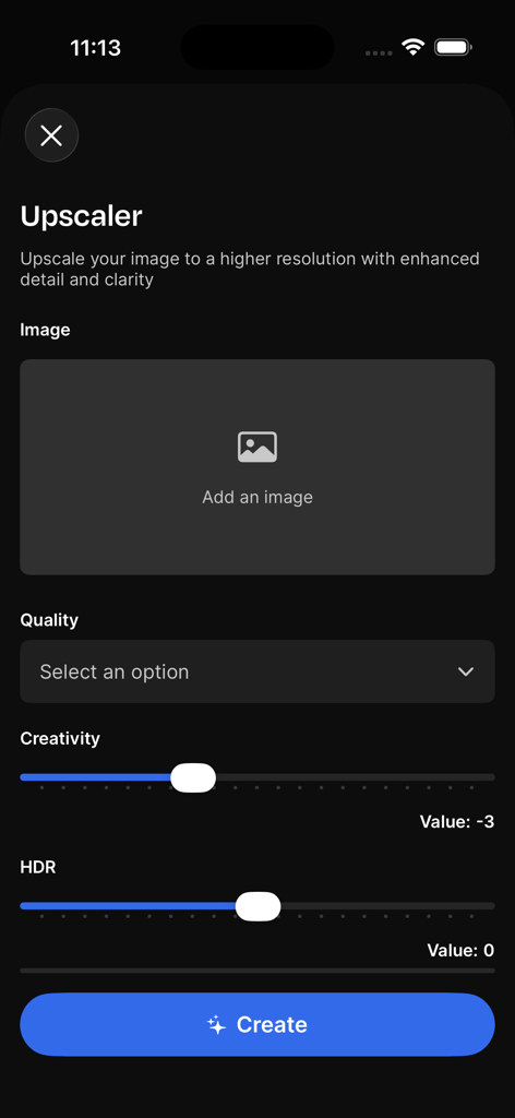 Freepik AI: Video Generator - Interface of the Freepik AI app showing the image upscaler tool with settings for quality creativity and HDR