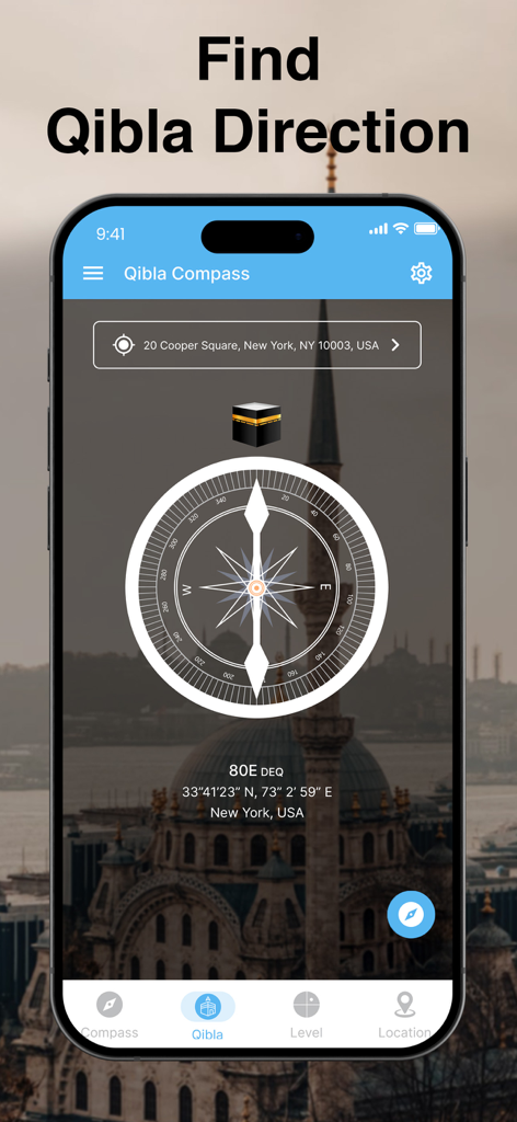 Interfaz de brújula digital de Qibla en iPhone mostrando la dirección de oración en Nueva York.