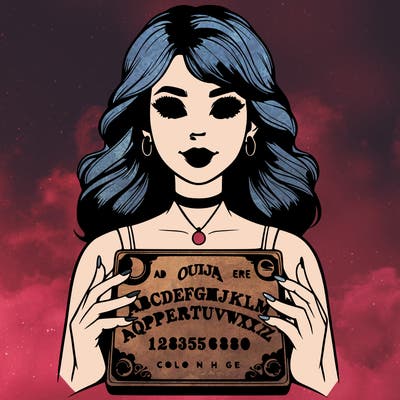 realistic woman holding up a ouija board