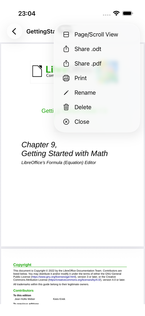 OOReader - OOReader mobile app interface showing a LibreOffice document with an open menu for sharing as ODT or PDF, printing, and file management.