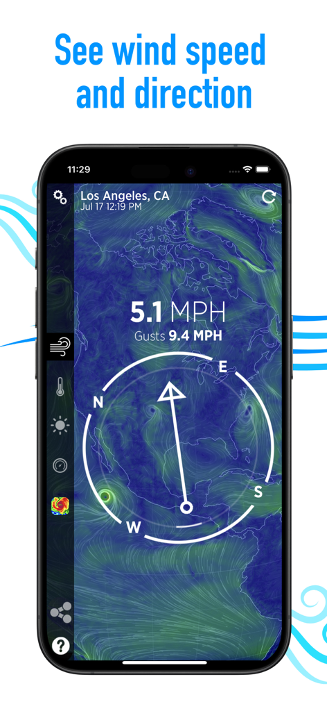 Wind Compass - Wind Compass app interface showing current wind speed and direction on a map overlay