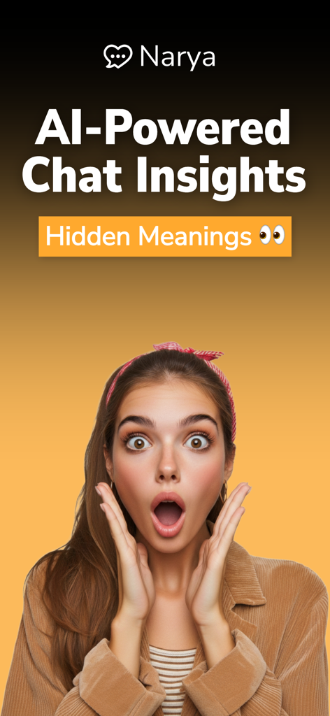 A young woman with a surprised expression looking at Narya AI powered chat insights for hidden meanings in messages