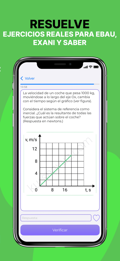 Física: teoría y ejercicios - Interfaz de la app de física mostrando un ejercicio resuelto con un gráfico de velocidad contra tiempo para preparación de exámenes