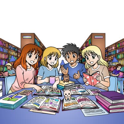 teenagers at a college library studying together at a table, include bookshelves and books, lamps, other people in background