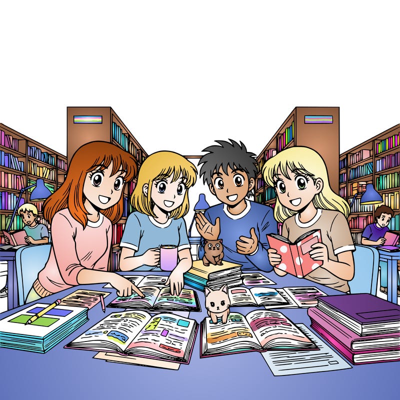 teenagers at a college library studying together at a table, include bookshelves and books, lamps, other people in background