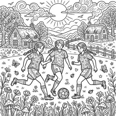 Experience the joy of soccer with our charming Midfielders Cottagecore coloring page. This delightful scene combines energetic play with serene rustic beauty, perfect for a relaxing creative session.
