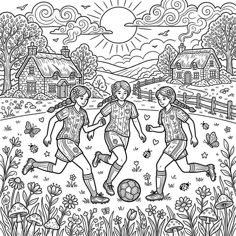 Experience the joy of soccer with our charming Midfielders Cottagecore coloring page. This delightful scene combines energetic play with serene rustic beauty, perfect for a relaxing creative session.