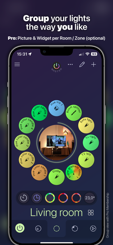 iConnectHue for Philips Hue - iConnectHue app screen showing circular control layout for Philips Hue lights in a living room