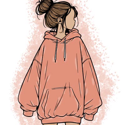 realistic girl with a oversized sweatshirt on and a bun
