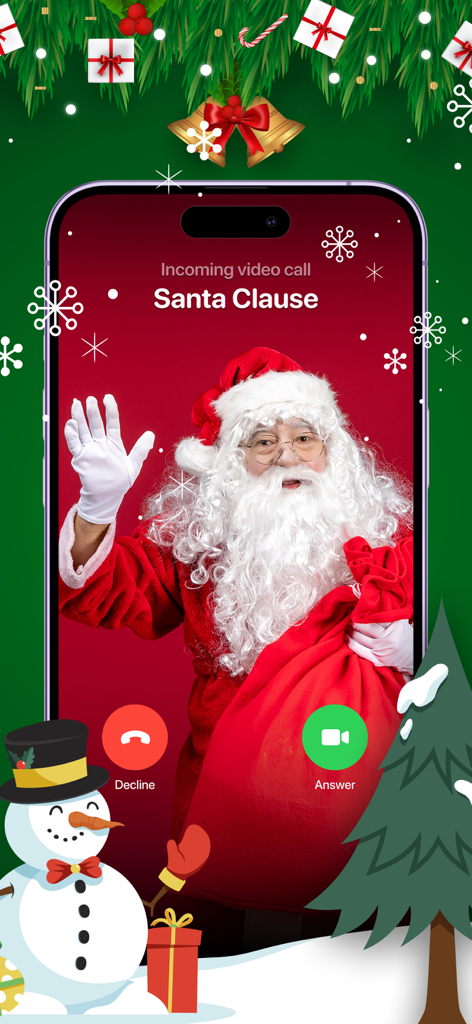 Voice Changer & Prank Sounds - Smartphone screen displaying a fake incoming video call from Santa Claus with festive Christmas decorations