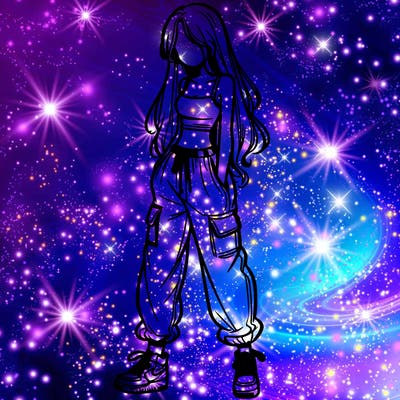 girl in baggy pants crop top and long hair