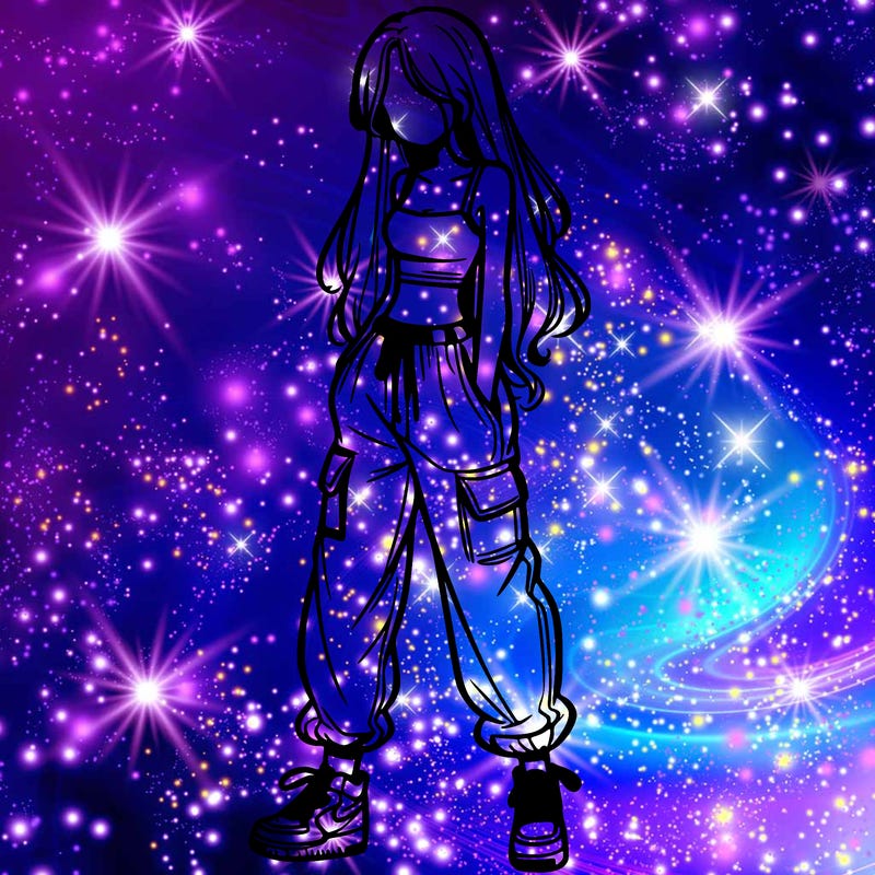 girl in baggy pants crop top and long hair