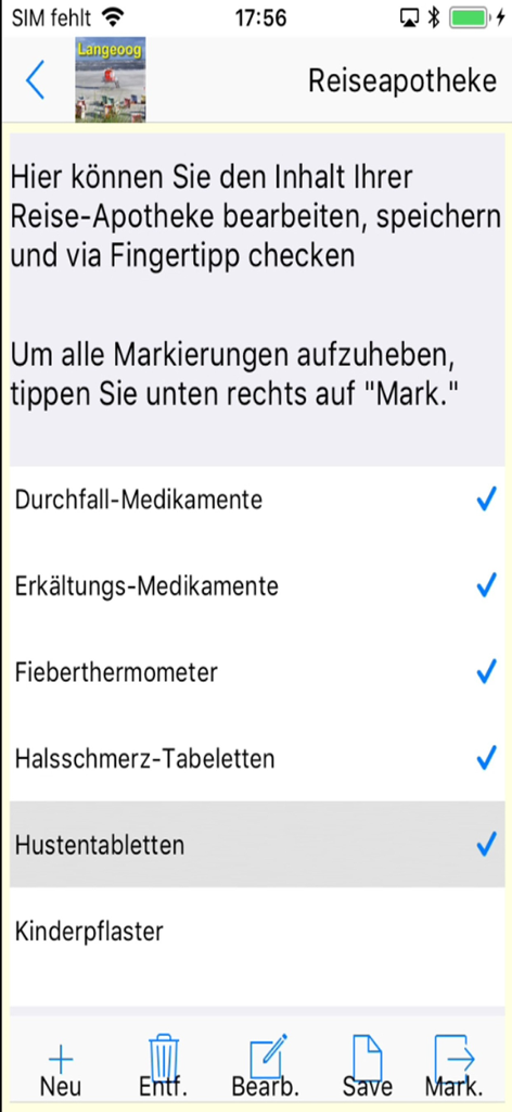 Langeoog App für den Urlaub - A travel pharmacy checklist screen in the Langeoog app showing various medical items like medicine and thermometers with blue checkmarks.