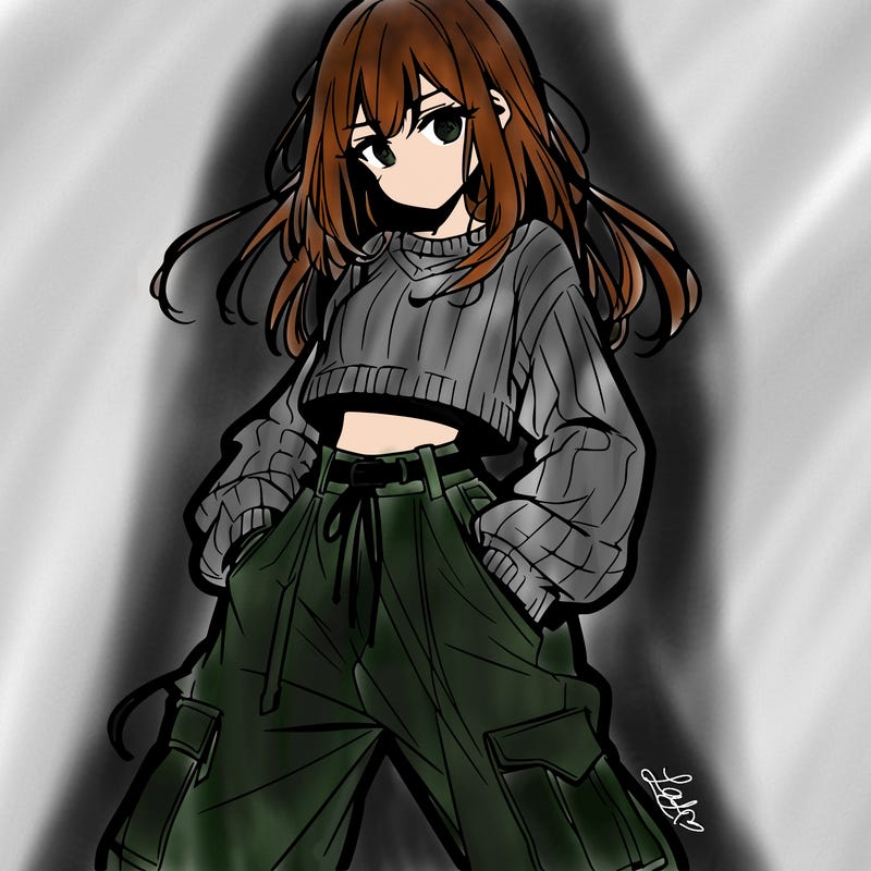 anime teen girl with baggy pants and crop top with sweater