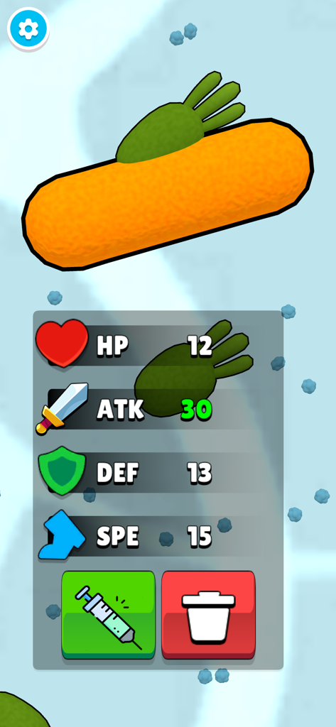 Écran du jeu mobile Bacterias montrant les attributs de la créature comme les PV et l'attaque, ainsi qu'un bouton de mutation de seringue.