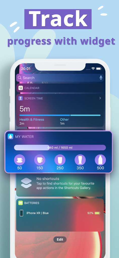 My Water - Daily Water Tracker - iPhone home screen showing the My Water app widget with daily hydration progress and quick log buttons