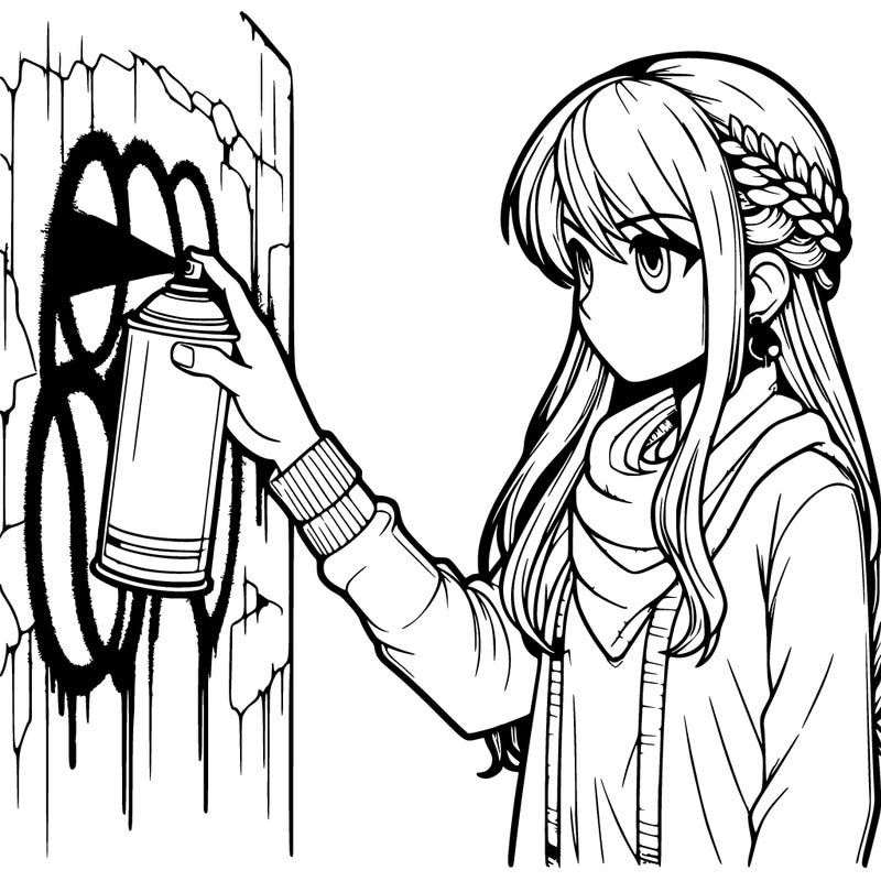 a  realistic girl spray painting a wall