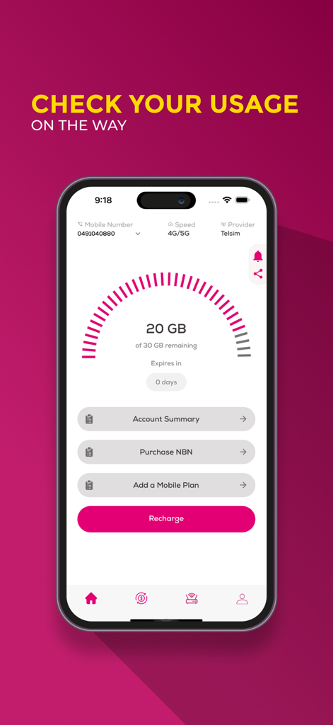 My Telsim - My Telsim mobile app screen displaying current data usage and recharge options