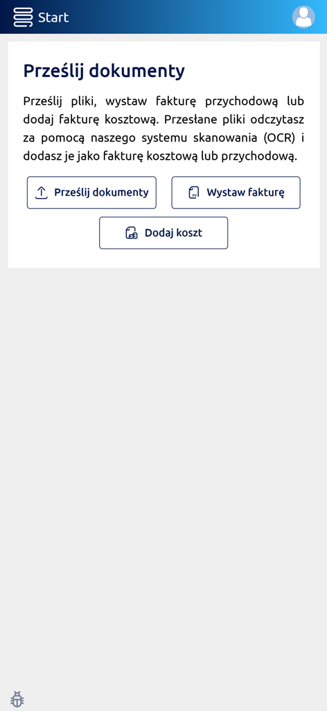 firmly - A tela inicial do aplicativo móvel firmly com opções para carregar documentos, emitir faturas e adicionar despesas comerciais