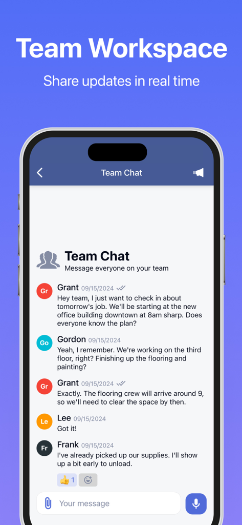 Employee Link team chat interface showing real time group messaging for crew updates